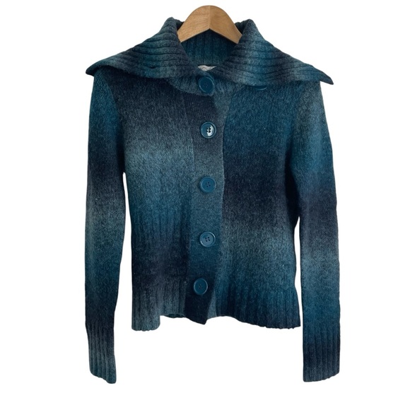 RXB Blue Cardigan Buttoned Sweater with Dramatic Collar Size Medium ombre - Picture 1 of 5
